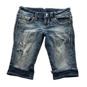 Vigoss Women's Bermuda Jean Shorts 3/4 Blue Denim Distressed Low Rise Retro Y2K